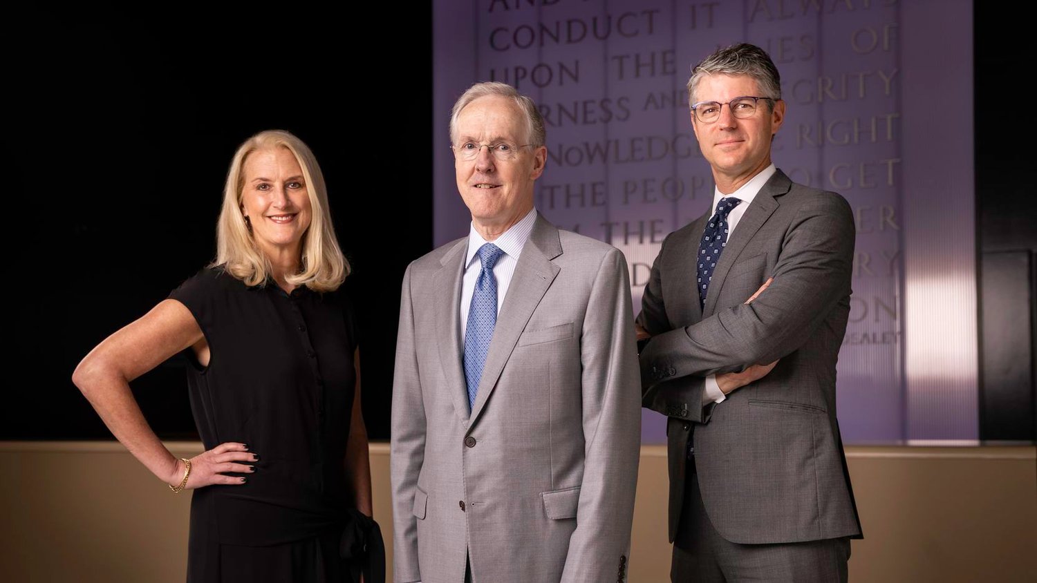 From left: Katy Murray, newly named president of DallasNews Corporation; Robert W. Decherd, executive chairman; and new CEO Grant Moise. (Juan Figueroa / The Dallas Morning News)